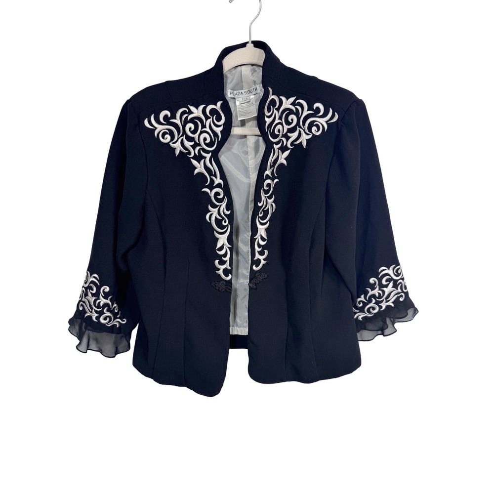 Plaza South 16 Black Blazer‎ Women Embroidered Ruffle Cuff Open Front